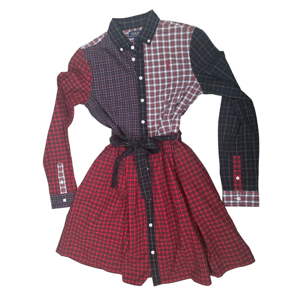 Polo Ralph Lauren Girls Patchwork Mixed Plaid Cotton Tartan Shirt Dress Size 16